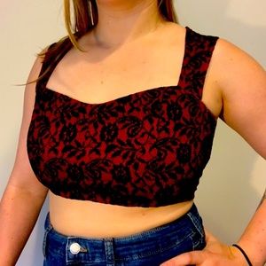 Red and black lace crop top